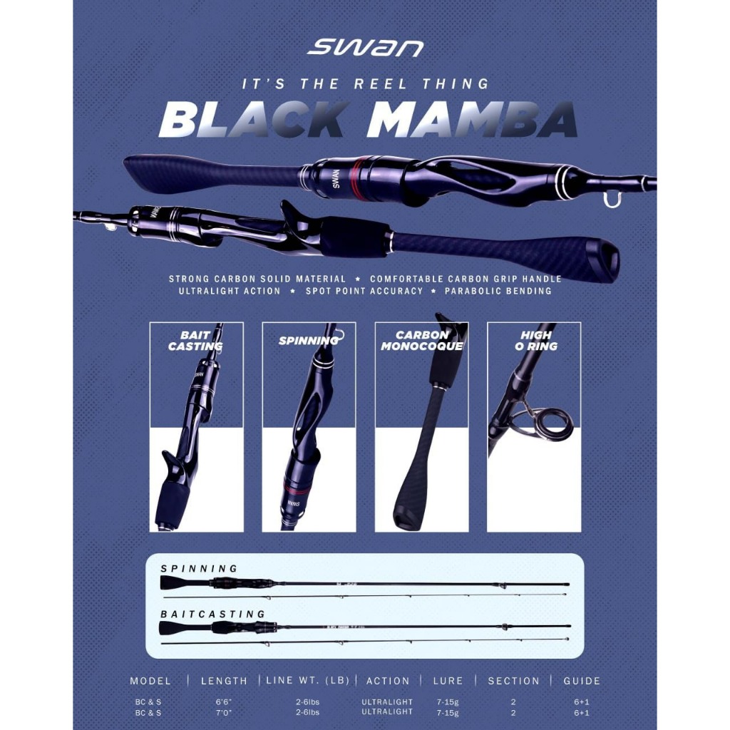 SWAN BLACK MAMBA Joran Bait Casting Joran BC Solid Carbon Monocoque Alat Pancing Joran BC