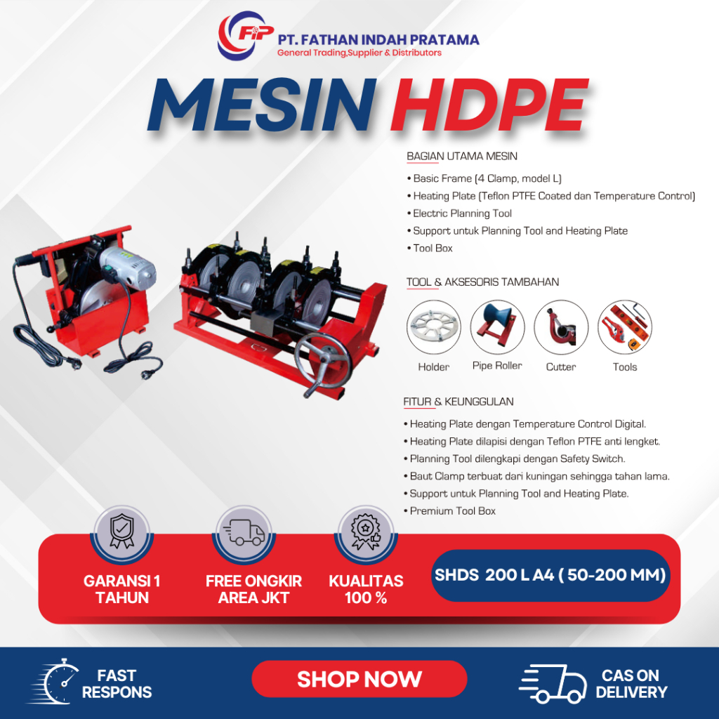 Mesin Pipa HDPE Manual SHDS 200 L A4 (50 - 200mm) Mesin Pipa Las Hdpe