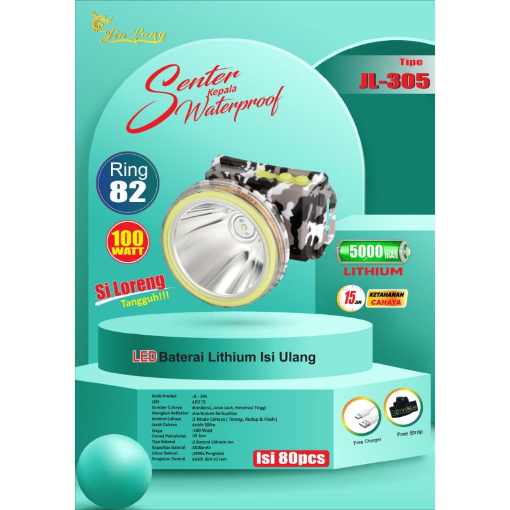 Senter kepala jinlong jl 305 100 watt loreng cahaya Putih super terang