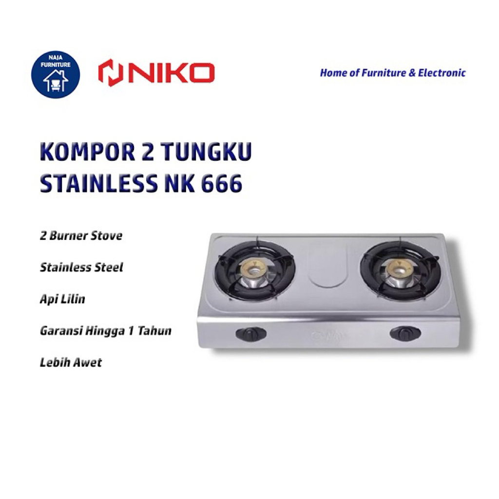 NIKO Kompor Gas 2 Tungku NK 666 Stainless | Kompor Niko 2 Tungku Stainless Bergaransi | Kompor Gas 2