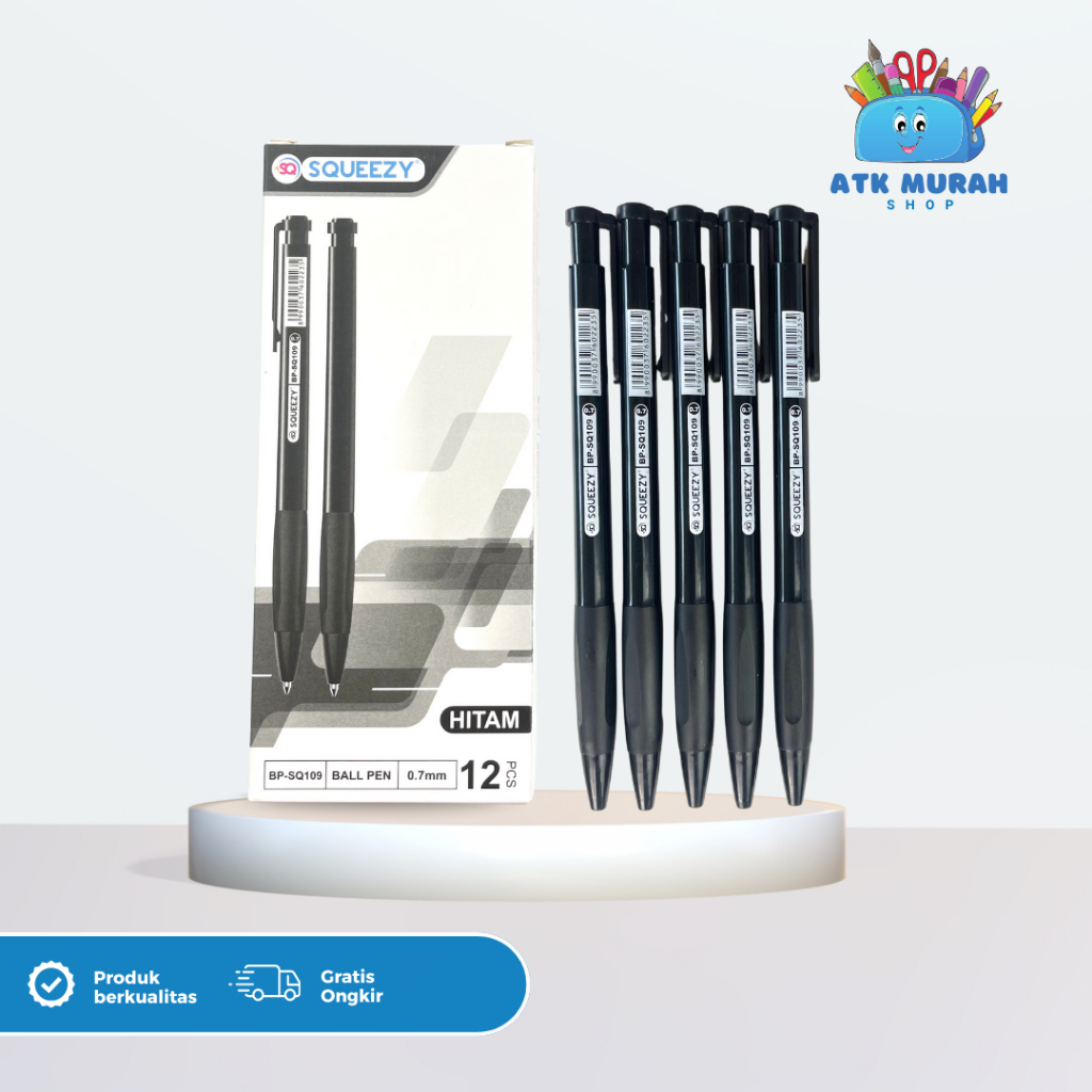 

(12 Pcs) Pulpen Bolpen Pen SQUEEZY BP-SQ109 Warna Tinta Hitam Black Tebal 0.7 mm Murah Anti Macet