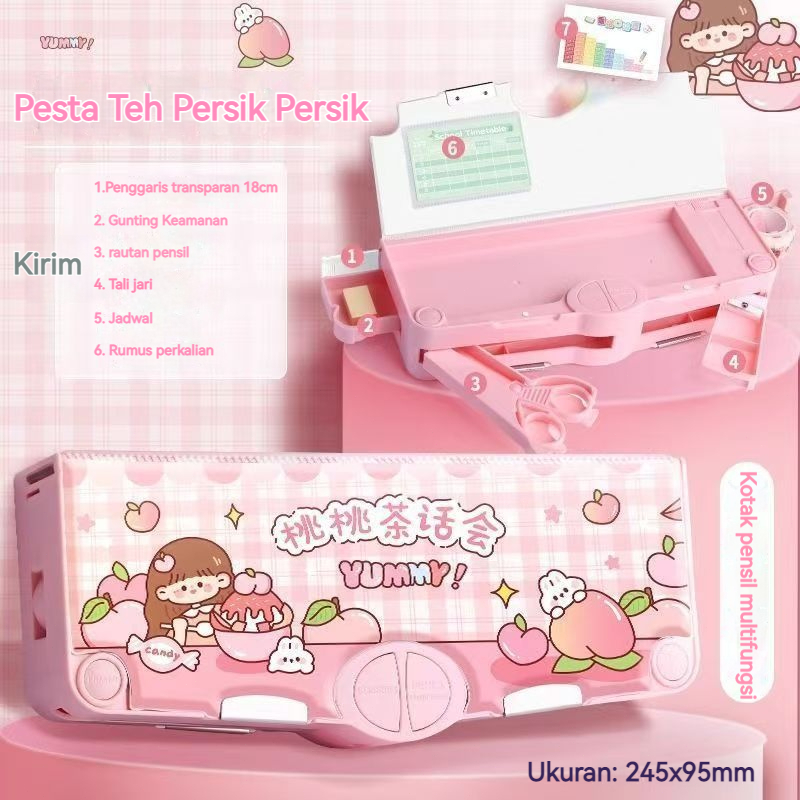 

(READY&ORI) Pesta Teh Persik&Nini Magic House&Kuromi&Merlot Kecil Tempat pensil multifungsi tahan air dua lapis baru untuk wanita