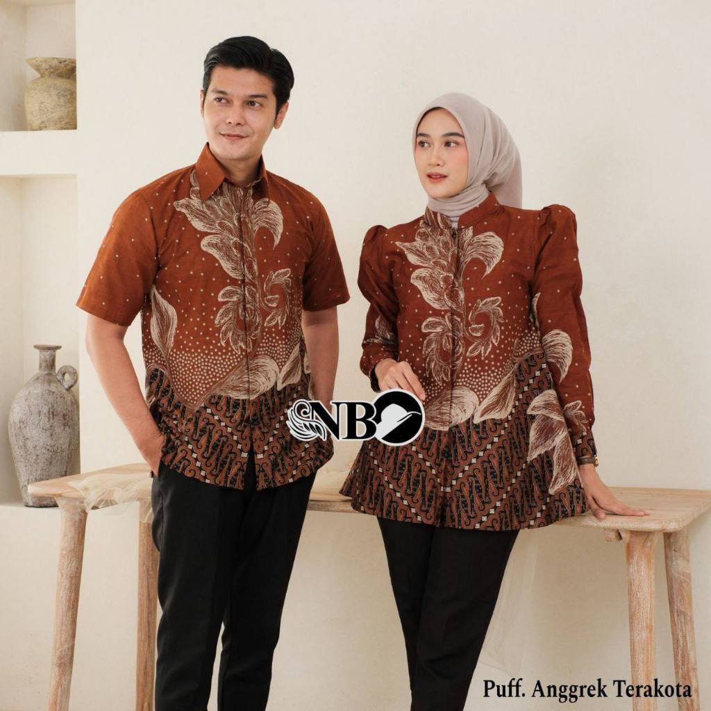 Atasan Wanita Motif Anggrek Terakota Batik Blouse Batik Lengan Kancing Model Peplum Payung Kemeja Ba