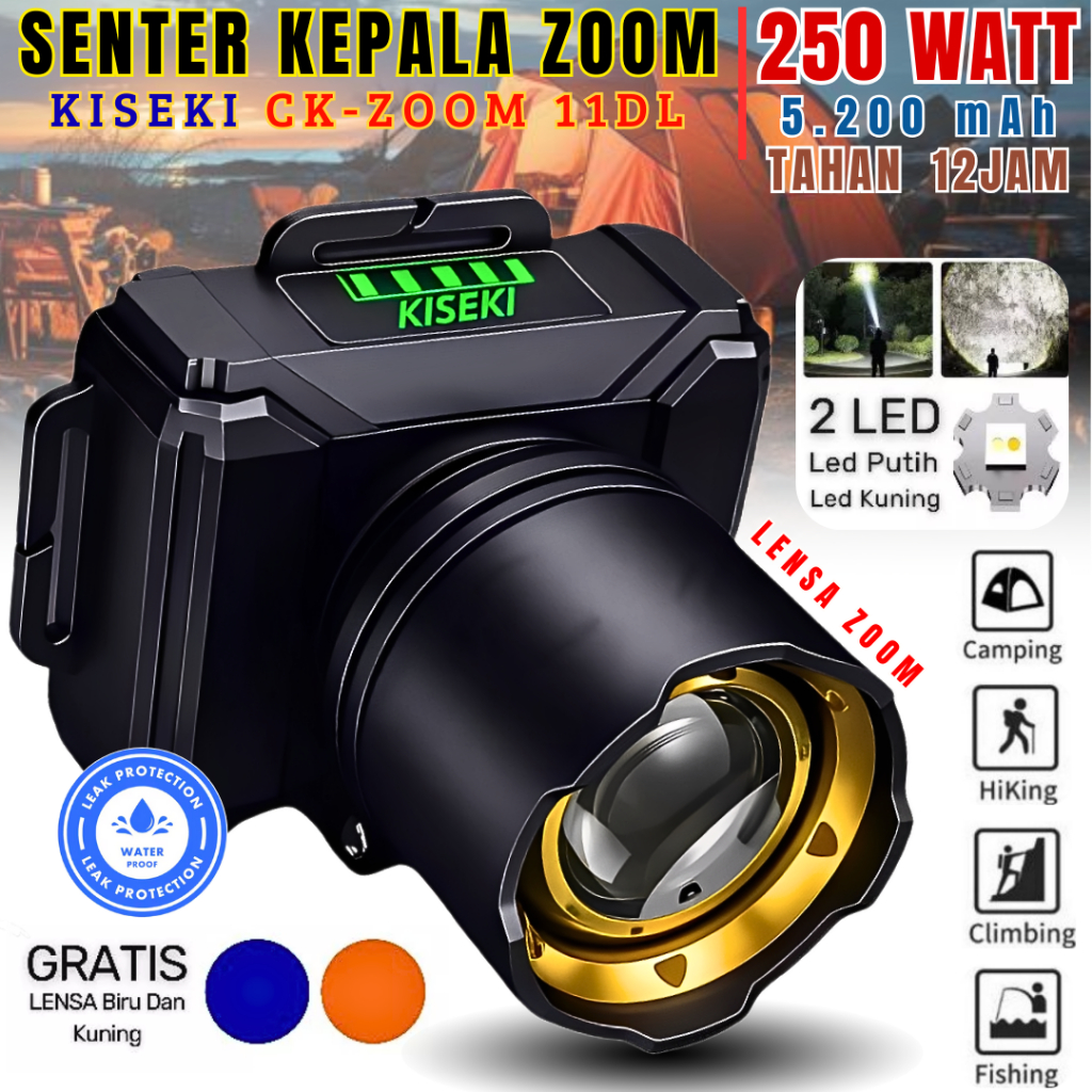 Headlamp/Senter Kepala Zoom 250w Kiseki Ck-Zoom 11dl Free Lensa Kuning Dan Lensa Biru | Senter Led L