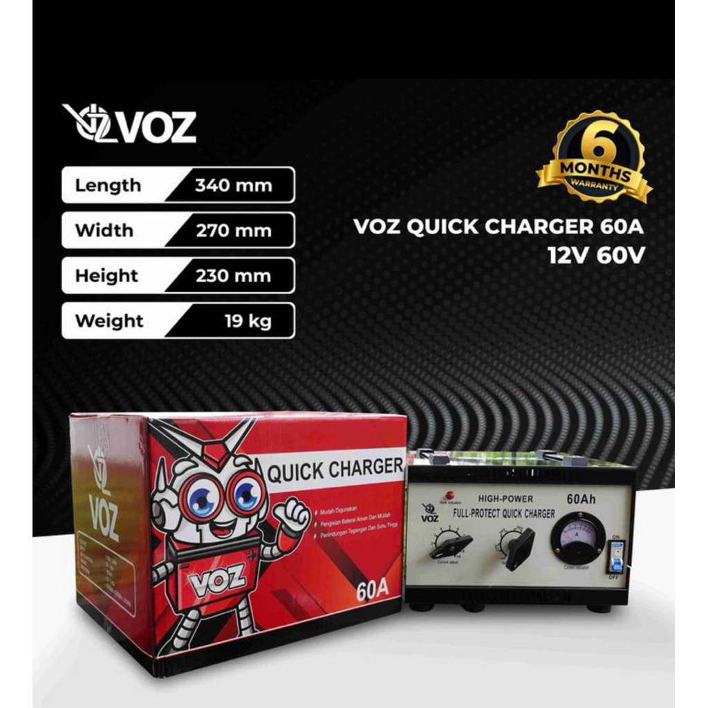 VOZ Quick Charger Aki 60A ( 12V , 24V, 36V, 48V, 60V ) Charger Baterai Mobil Alat Chas Accu Genset V