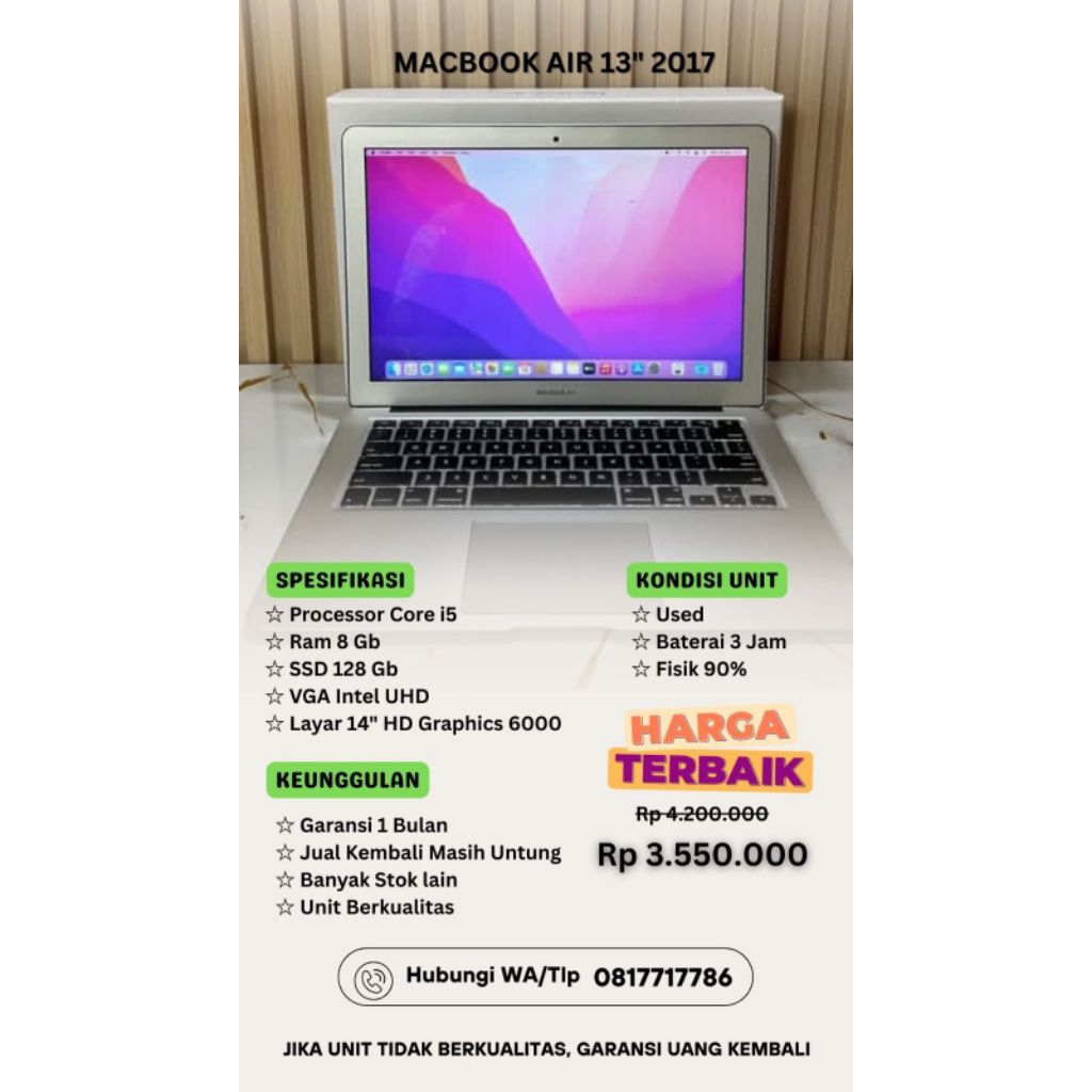 MacBook Air 13 Inch 2017 Core i5 RAM 8GB SSD 126 GB / 256 Gb - Laptop Apple Bekas Mulus