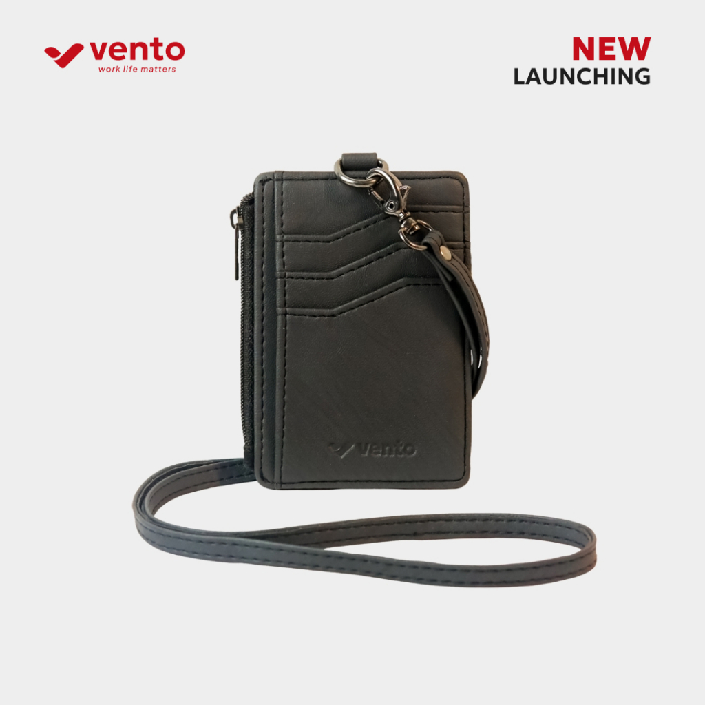 

Vento Molniya Hitam - Gantungan Lanyard ID Card Kulit – Card Holder Kalung Name Tag Pria Wanita