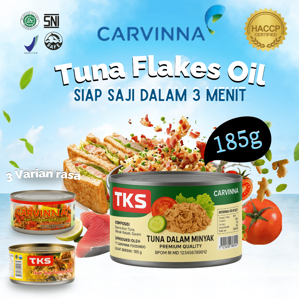 

Carvinna TKS Ikan Tuna Kaleng 185g – Tuna Flakes Oil Tinggi Protein, Praktis & Tanpa Pengawet BPOM