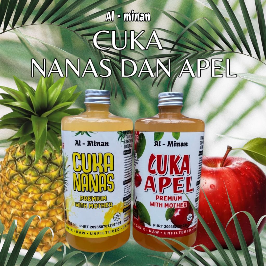 

Cuka Apel premium with mother 500 ml +Cuka nanas with mother 500 ml, apel cider vinegar