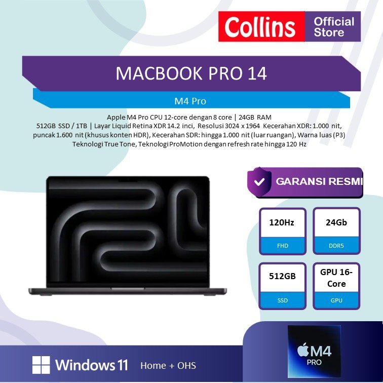 MACBOOK PRO 14 M4 PRO 16C GPU 24GB 512GB 12C CPU 14.0 SPACE BLK -MX2H3ID