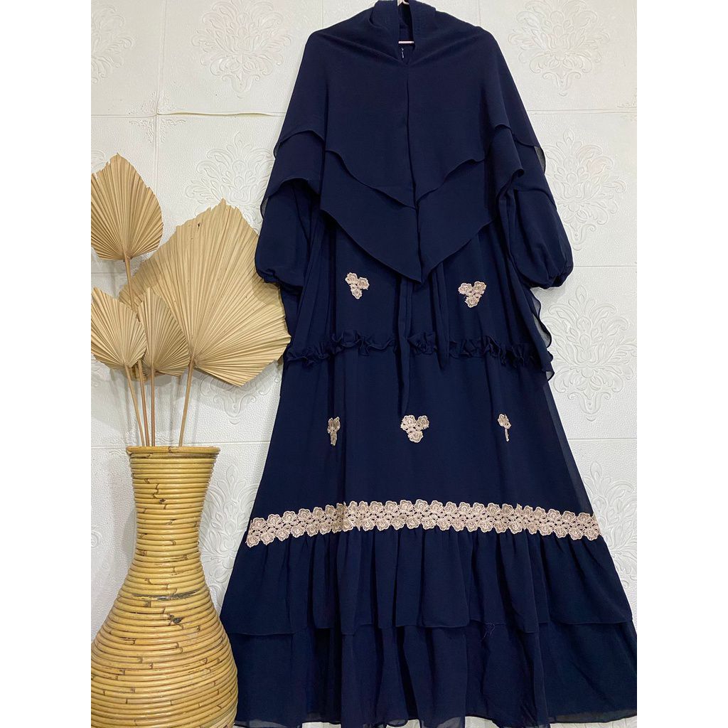 set syar'i gamis hijab soft ped antem jilbab ceruti renda (NAVY)