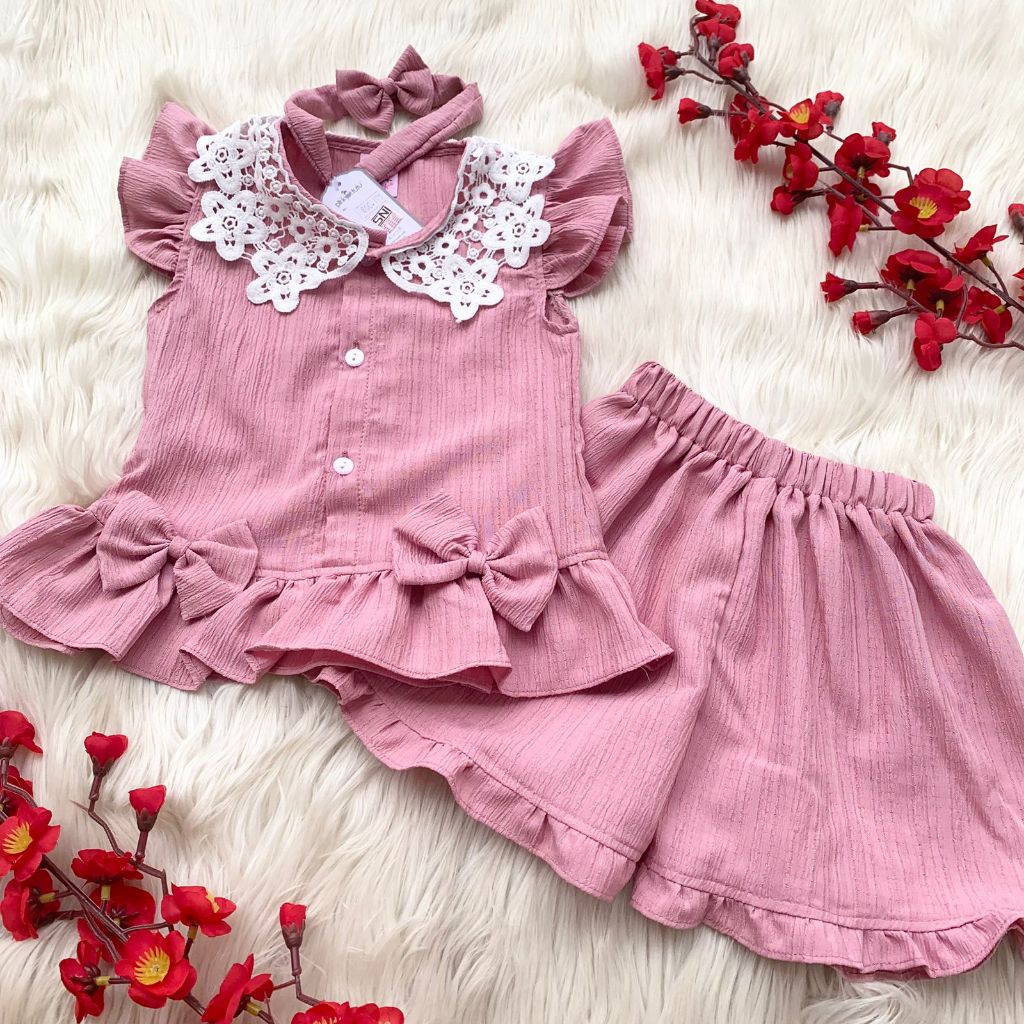 Baju setelan anak bayi perempuan bahan adem free bandana untuk pergi jalan pesta -bel