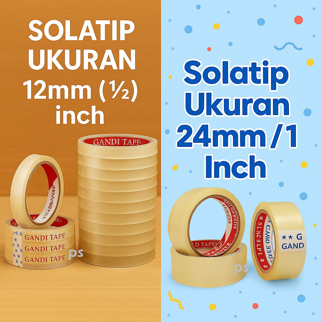 

Solatip Bening GANDTAPE 12mm & 24mm – Isolasi / Lakban Bening Kecil & Besar untuk Kantor, Sekolah, Packing
