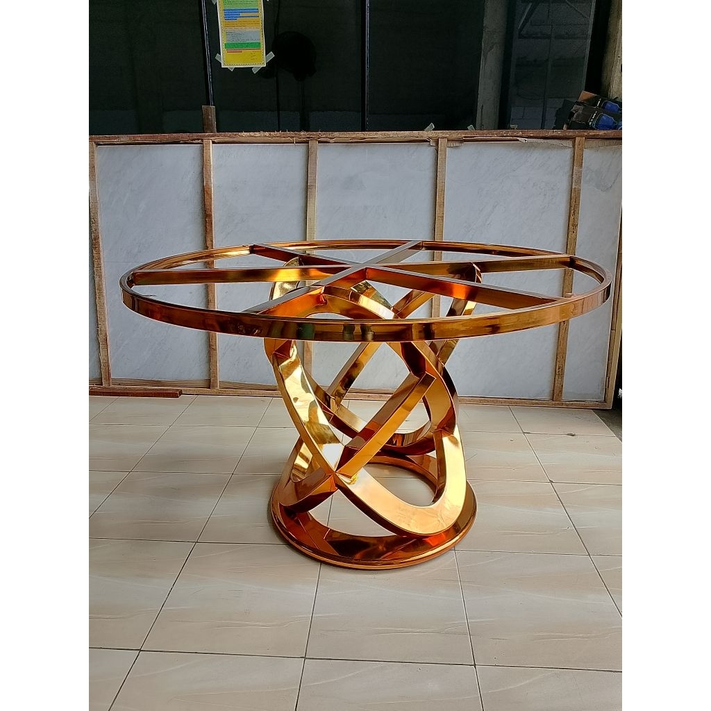 Meja makan modern stainless bulat warna rosegold mewah/Kaki meja makan bulat bahan stainless blm ter