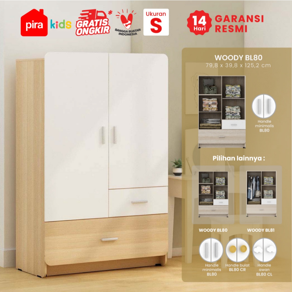Pira Kids - Woody BL80 Lemari Pakaian Anak 2 Pintu Full Rak