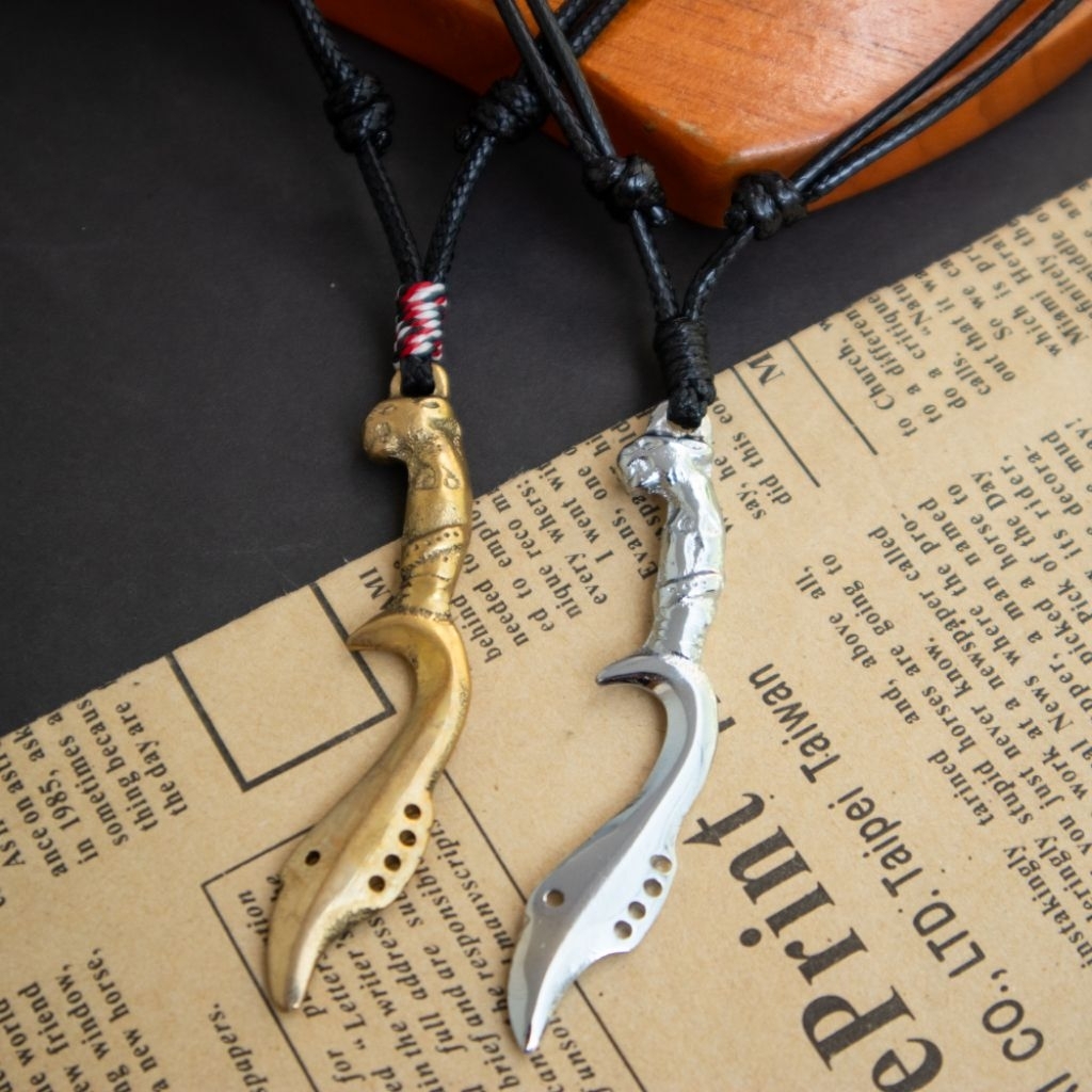 Kalung Tali Hitam Liontin Kujang Kuningan Lilit Merah Dan Hitam Aksesoris Pria Anti Karat Desain Ele