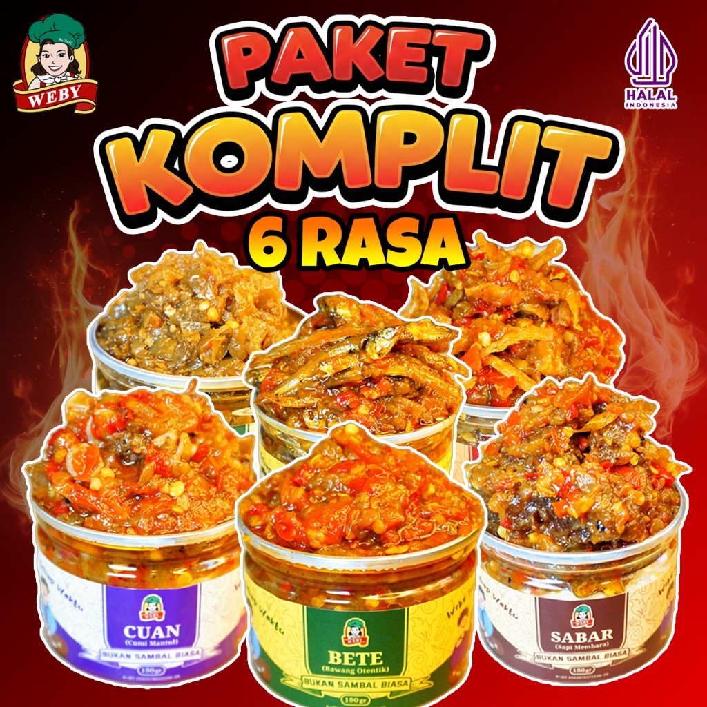 

Sambal Weby - Paket Komplit 6 Varian Rasa Sambal - Sambal Cumi, Sambal Ayam, Sambal Daging, Sambal Cabe Ijo, Sambal Bawang, Sambal Teri isi 150 gr