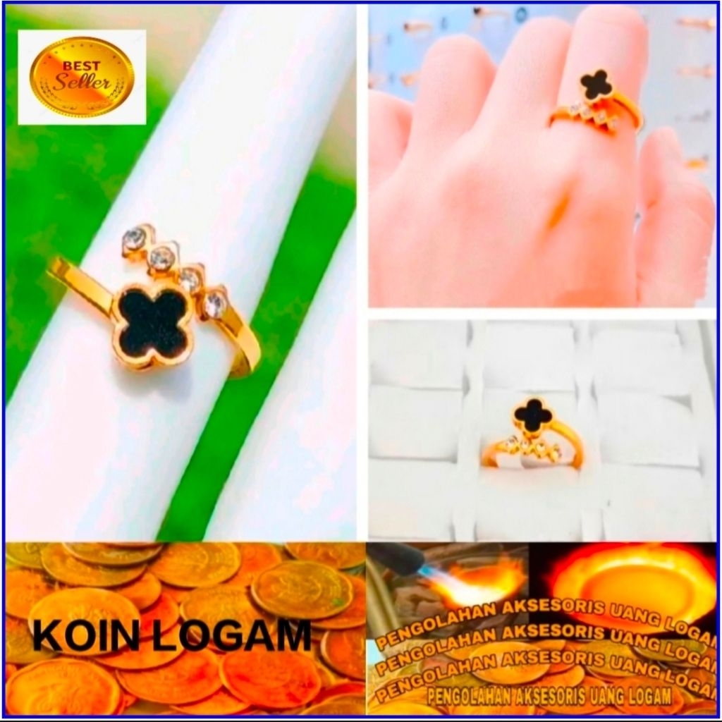 Cincin Wanita Anti Karat Clover Lapis Emas Terbaru Koin 91 Ori Tidak Luntur Perhiasan Cantik Elegan