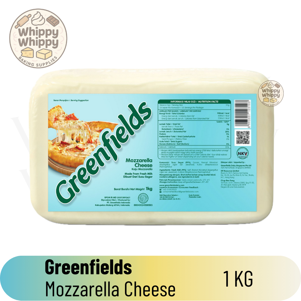 

Greenfields Mozzarella Cheese 1KG / Keju Mozarella / Mozarela Pizza