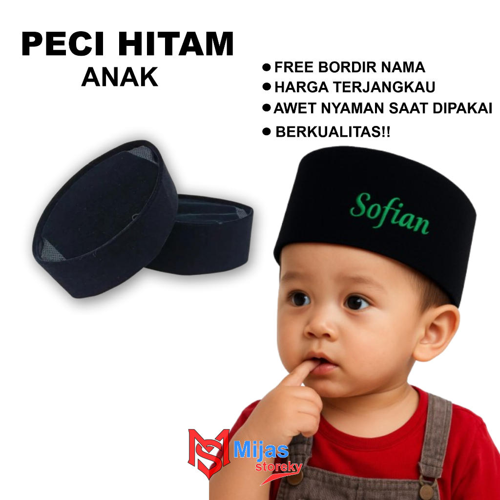 PECI ANAK & Dewasa Songkok Hitam Polos Bayi SD Remaja Tanggung Peci Hitam Anak Laki Pria Muslim Shol