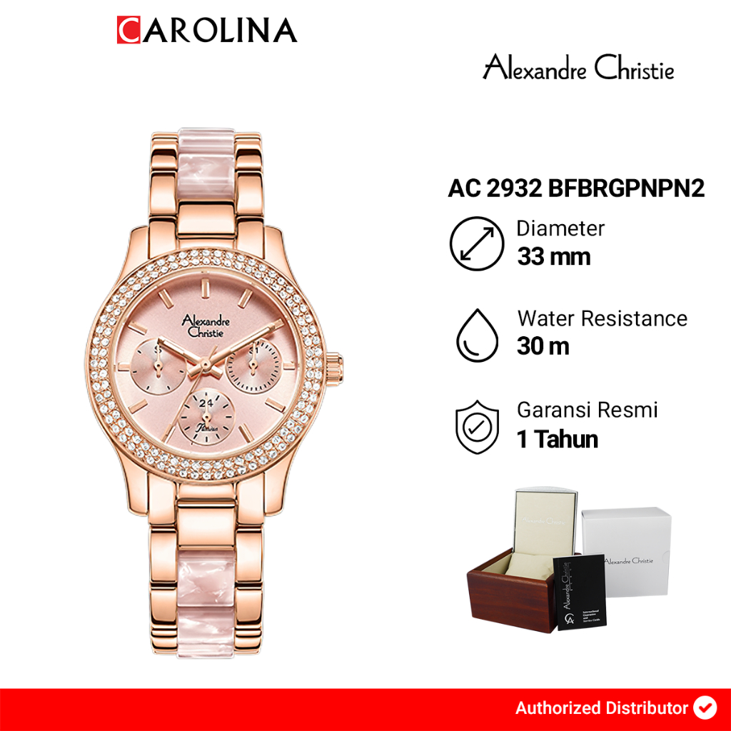Jam Tangan Wanita Alexandre Christie Multifunction AC 2932 BFBRGPNPN2 Pink Dial Rose Gold Dual Tone 