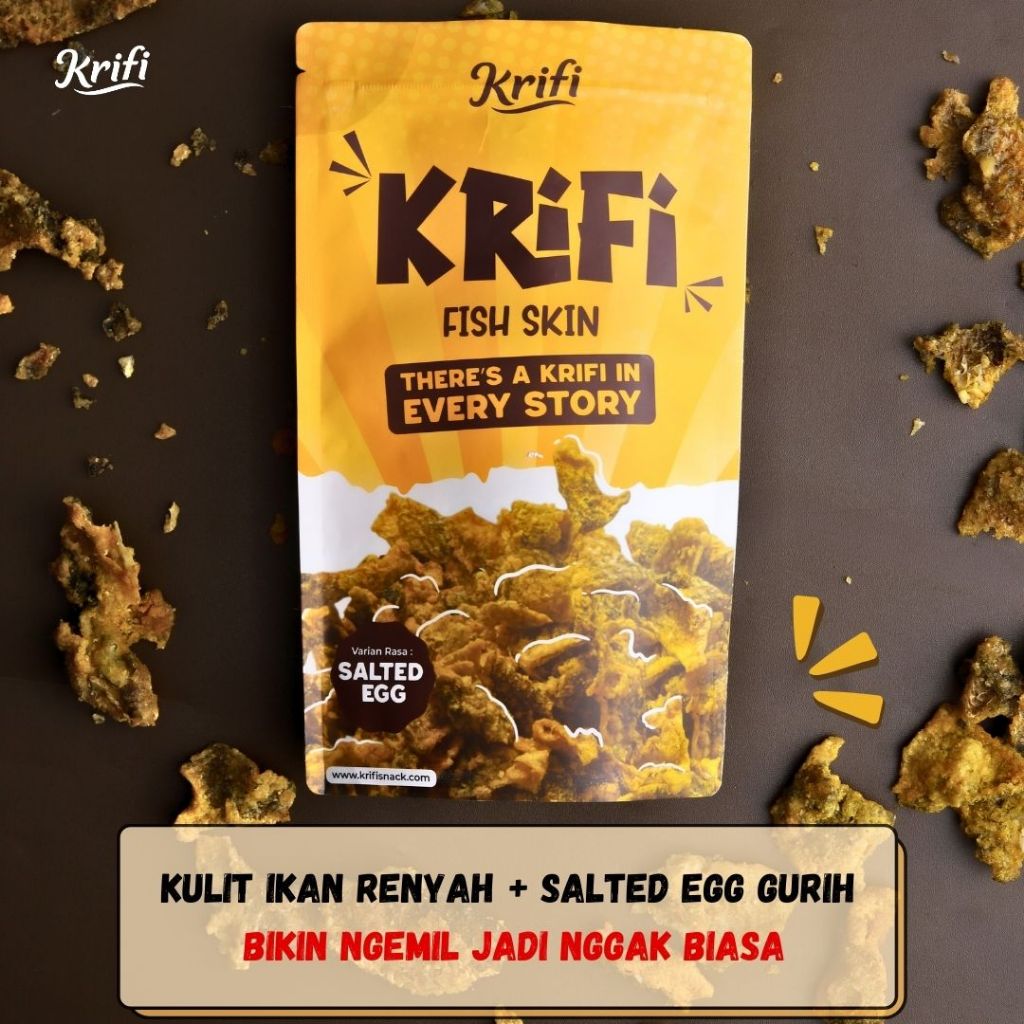 

Krifi Fish Skin - Snack Keripik Kulit Ikan Rasa Salted Egg - Cemilan Crispy