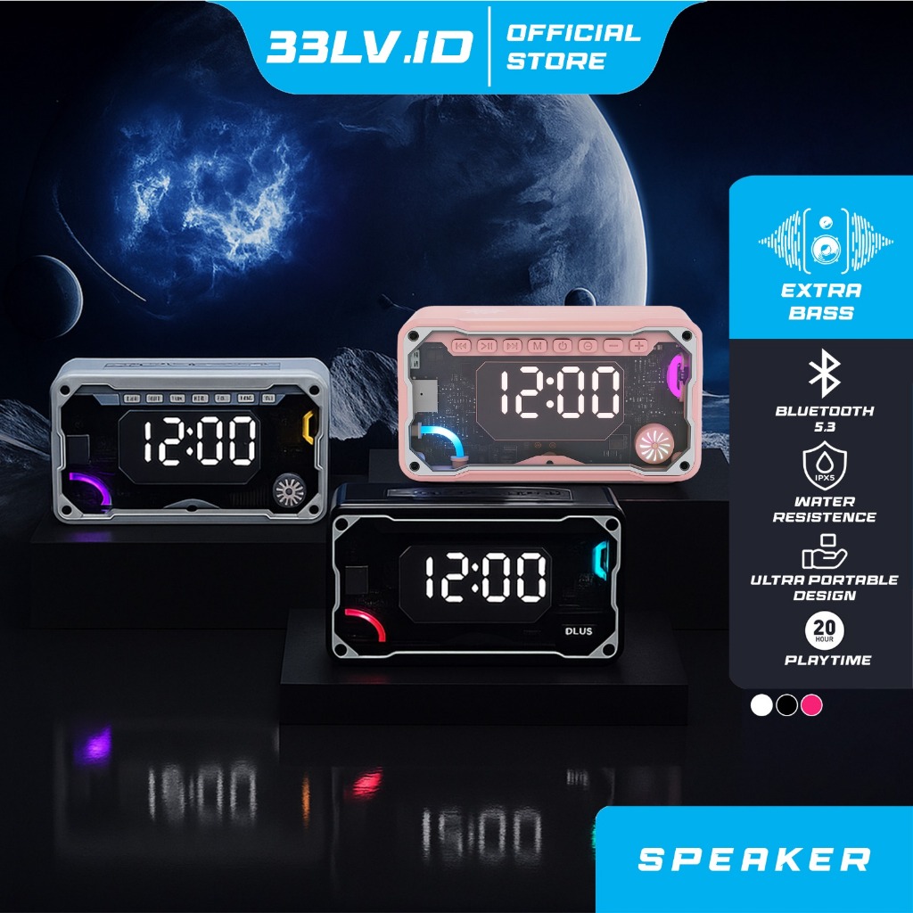 33LV.ID Speaker Bluetooth 5.3 Transparan Portable Bass Audio Jam Alarm Clock LED Display - V3