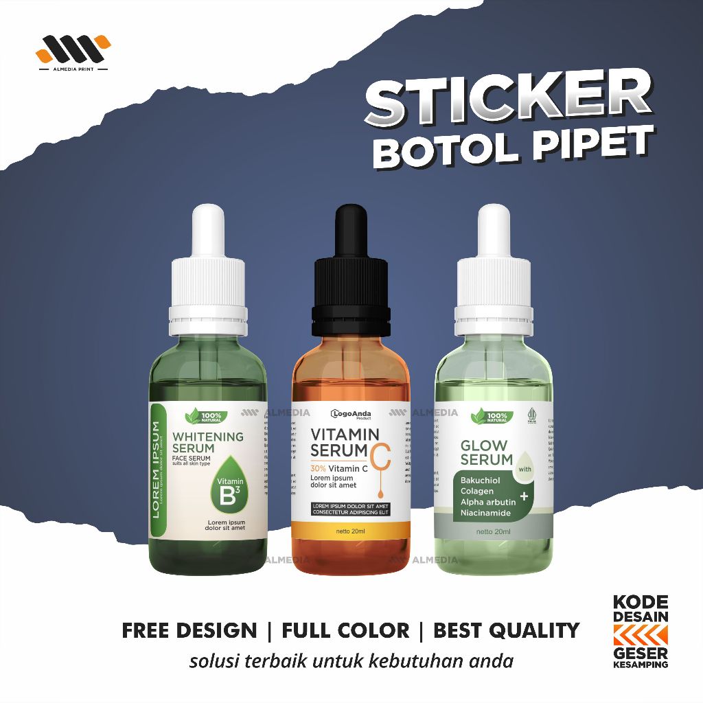 

Stiker Kemasan Botol Pipet Full Print / Botol Drop / Stiker Custom (GRATIS DESAIN)