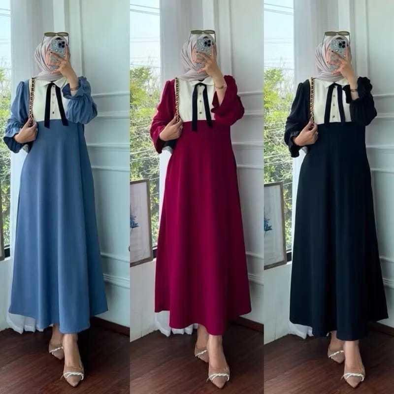 DEFAMI GROSIR- LIYRA GAMIS POLOS KOMBINASI CRINKLE AIRFLOW LD 110 BUSUI FRIENDLY // GAMIS KOMBINASI 
