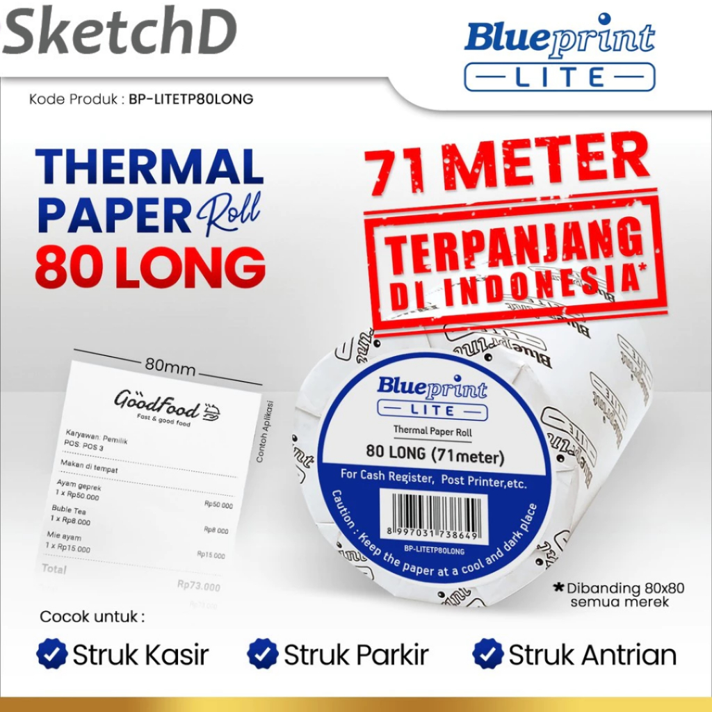 

Kertas Struk Printer Kasir Thermal 80 Long Blueprint Thermal Paper Terpanjang