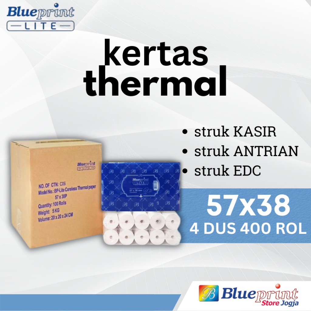 

4 DUS 100rol LITE 57x38 BLUEPRINT Kertas Thermal STRUK Kasir PPOB EDC Antrian Parkir 58x38 57x40 58x40