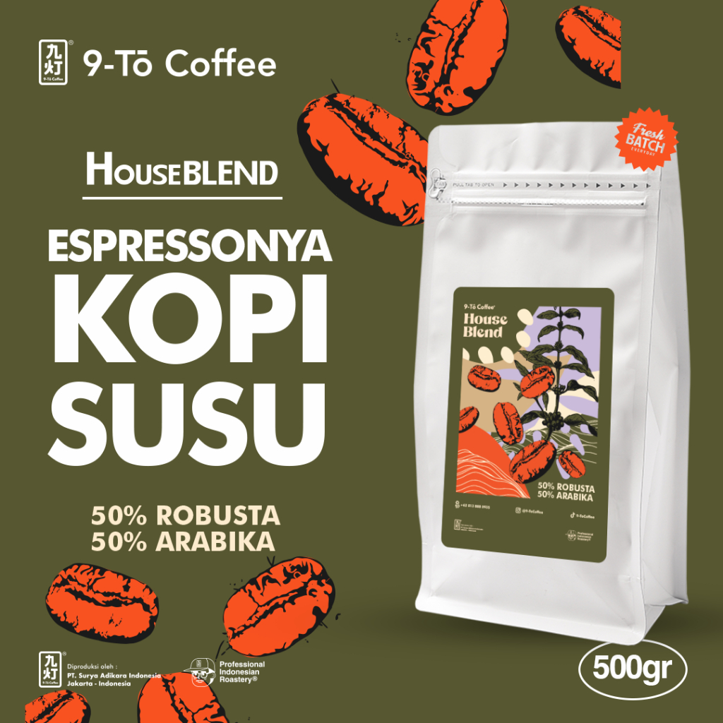 

9-To Coffee Kopi Susu Blend 50% Arabika 50% Robusta 500gr 200gr Biji Kopi Indonesia