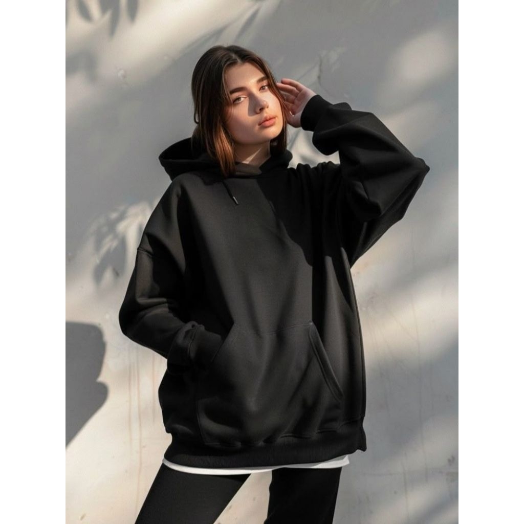 Sweater Hoodie Oversize Pria Hitam Polos Tebal