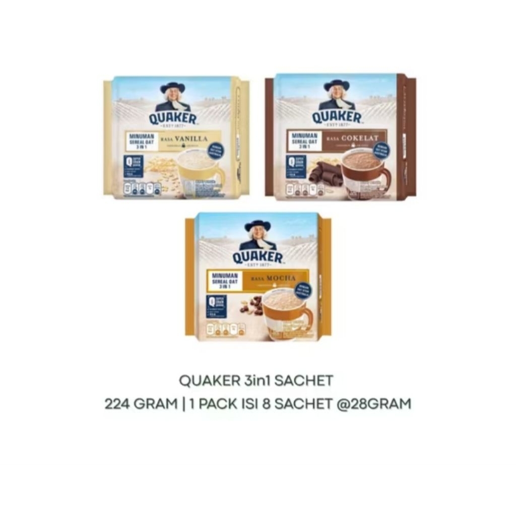 

QUAKER Oat Minuman Sereal 3 In 1 Bag 8x28gr (Vanila Cokelat & Mocha exp Meit 2026)
