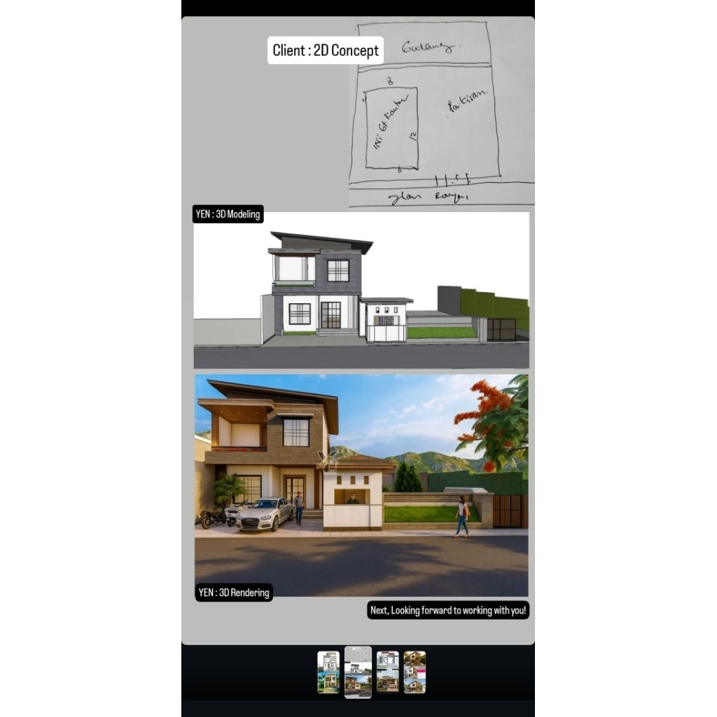 

paket gambar 2D (denah, tampak, potongan) , 3D model, 3D Render