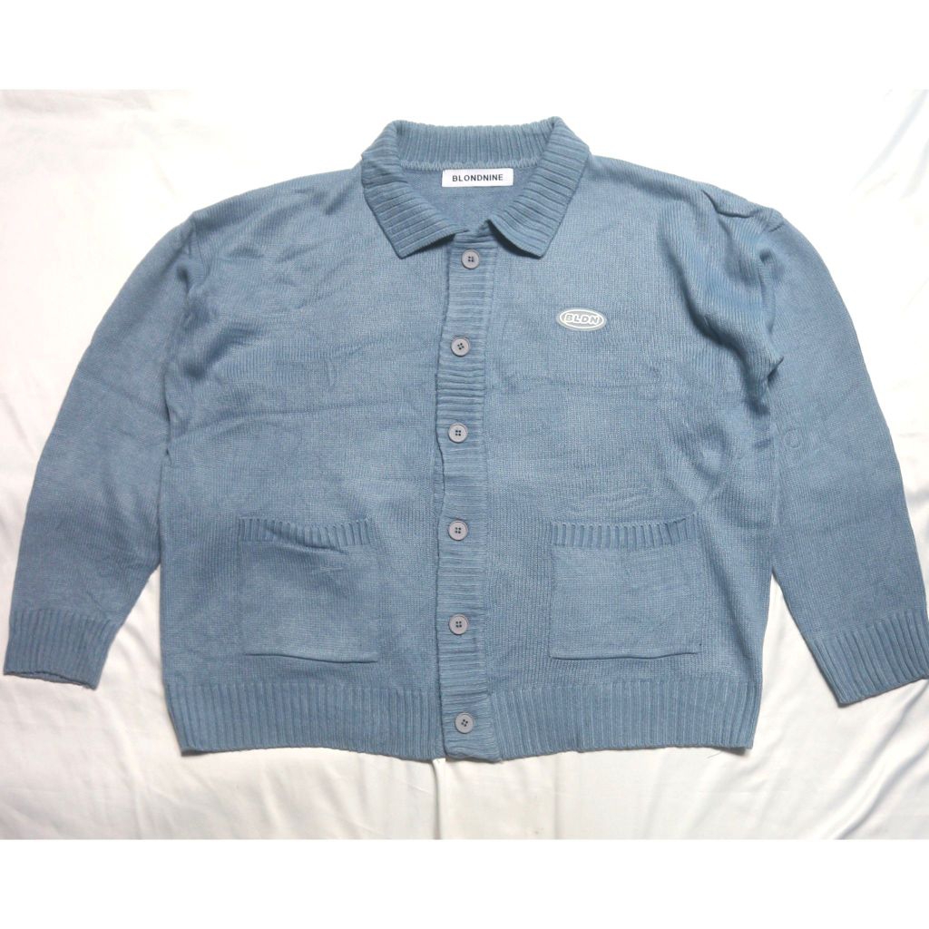 BLONDNINE Collar Cardigan Oversized Full Button Biru Blue Idol Korea Tebal Knitwear Sweater Sweatshi