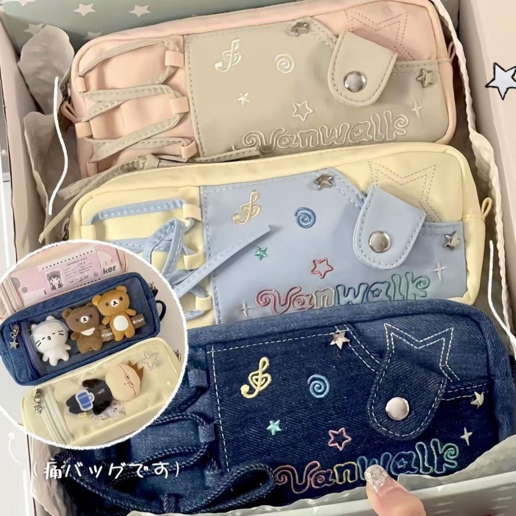 

Kotak Pensil Tali Valwank Pencil Case Zipper Tempat Pensil Bintang estetik Denim Pink Bordir Anak sekolah Kotak pensil wanita Storage Pouch Murah style Korea
