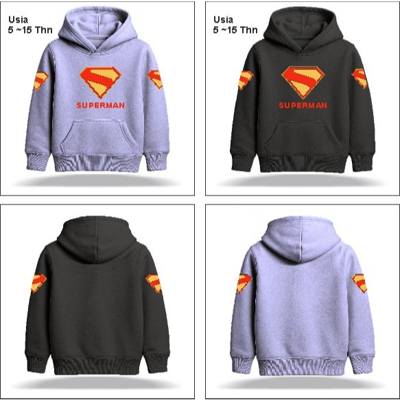 Hoodie Anak Unisex Superman Warna Abu Hitam | Sweater Hoodie Anak 6-15 Tahun