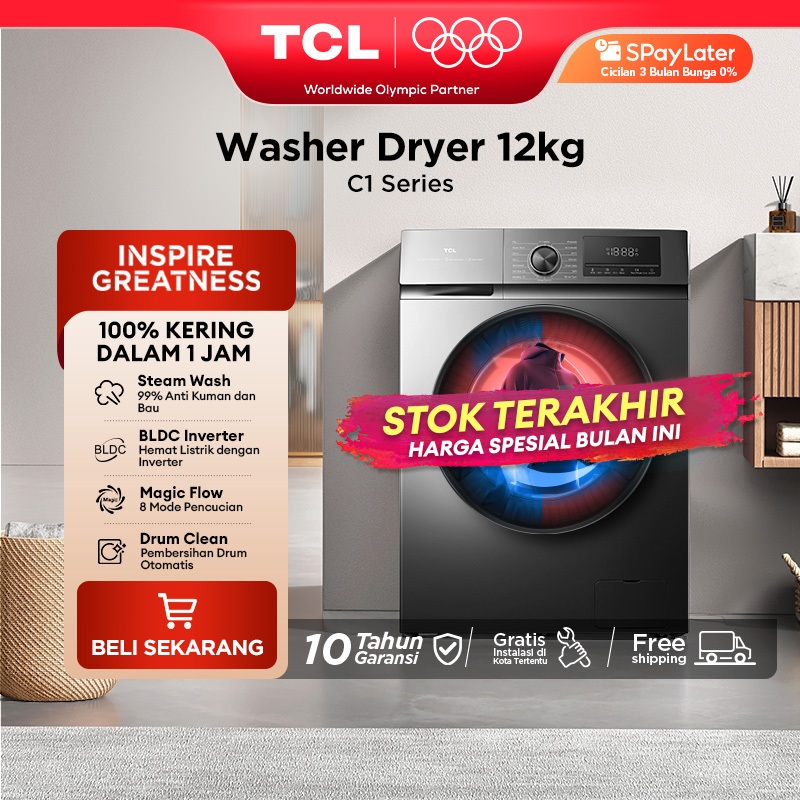 TCL Mesin Cuci Front Loading Washer Dryer 12kg C1 Series - 100% Kering - Steam Wash - BLDC Motor - K