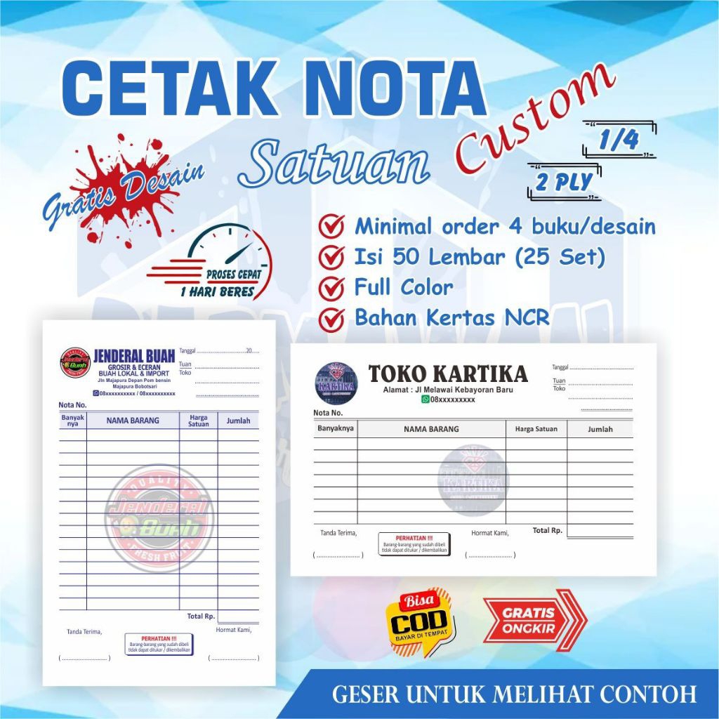 

Nota custom 1/4 2 ply Free desain full color