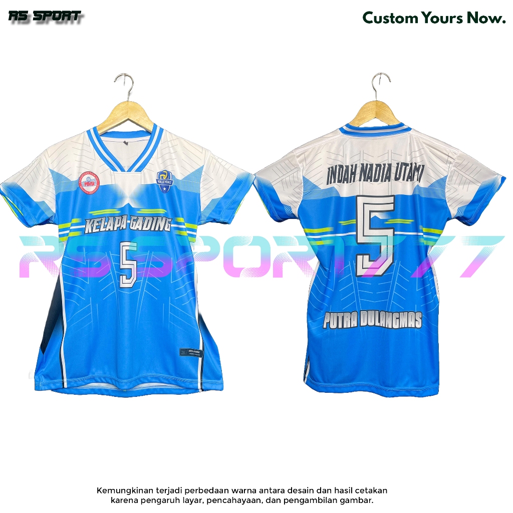 Jersey Olahraga Voli Cewek Atasan Kaos Team Motif Biru Putih Full Printing
