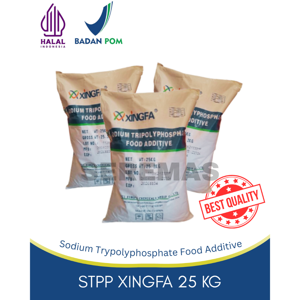 

PENYAKREK STPP Sodium Tripolyphosphate Ex - Xingfa Food Grade / Pengenyal Bakso, sosis, nuget dan makanan olahan daging lainnya, pengenyal mie repack 1KG