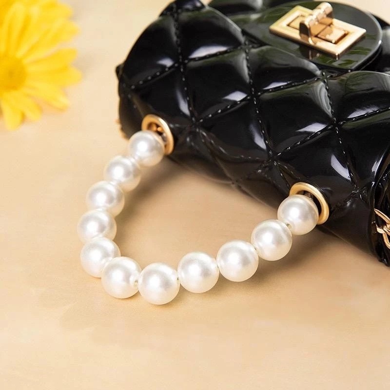 Kiddypicks - Tas Selempang Jelly Mini – Cocok untuk Anak & Remaja, Rantai Mutiara Gold