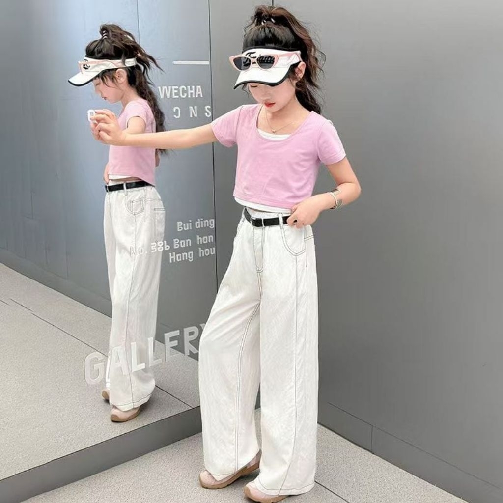 ER-272 SETELAN BAJU LENGAN PENDEK ANAK PEREMPUAN IMPORT USIA 6-12 TAHUN SETELAN BAJU ATASAN CROP MOD