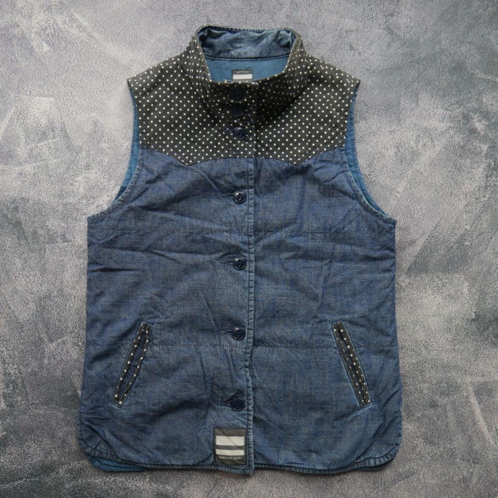Momotaro Jeans Vest Denim Polkadot Puffer Made In Okayama Japan