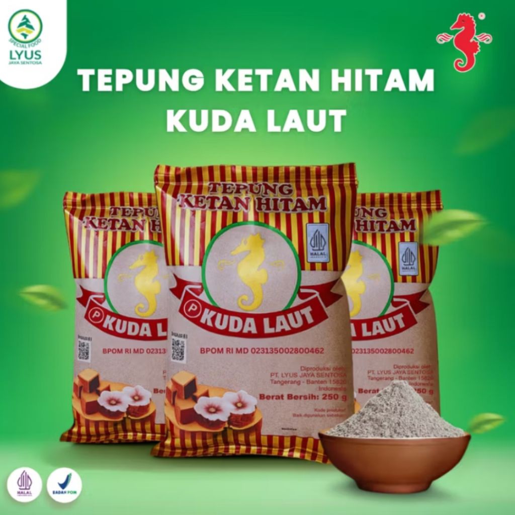 

Tepung Ketan Hitam Cap Kuda Laut berat 250gram