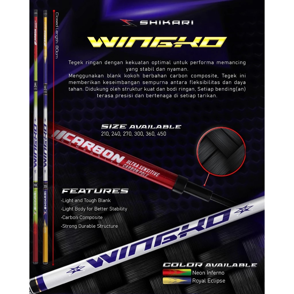 Tegek Pancing Shikari WINGKO Ruas Panjang Carbon Murah Original 210-450 Berkualitas