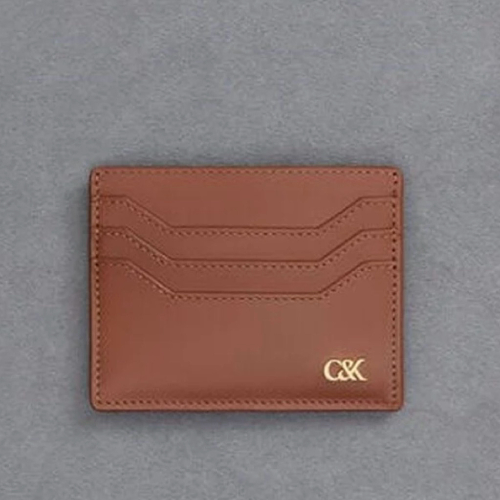 Dompet Kartu CK Chrles Kth Original Kulit Calf Leather Card Holder Coklat Brown Coin Purse Koin