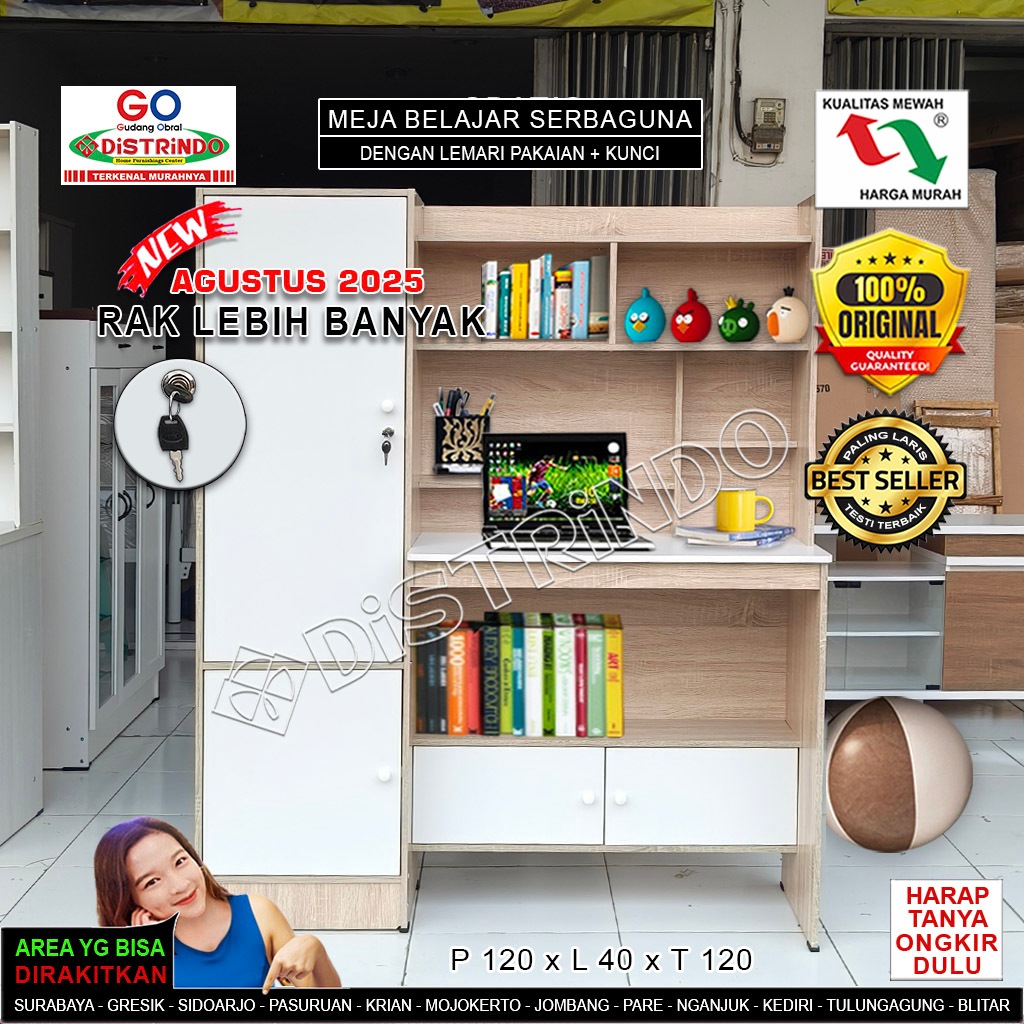 Distrindo - Meja Belajar Besar + 4 Lemari Serbaguna + KUNCI dan ADA RAK dibawah Meja
