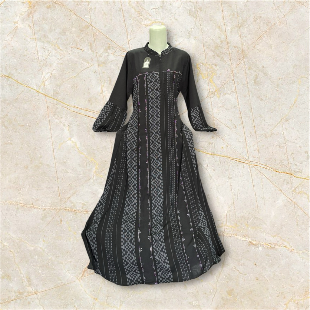 ✨ Gamis Jet Black Elegan Motif Etnik – Bahan Premium